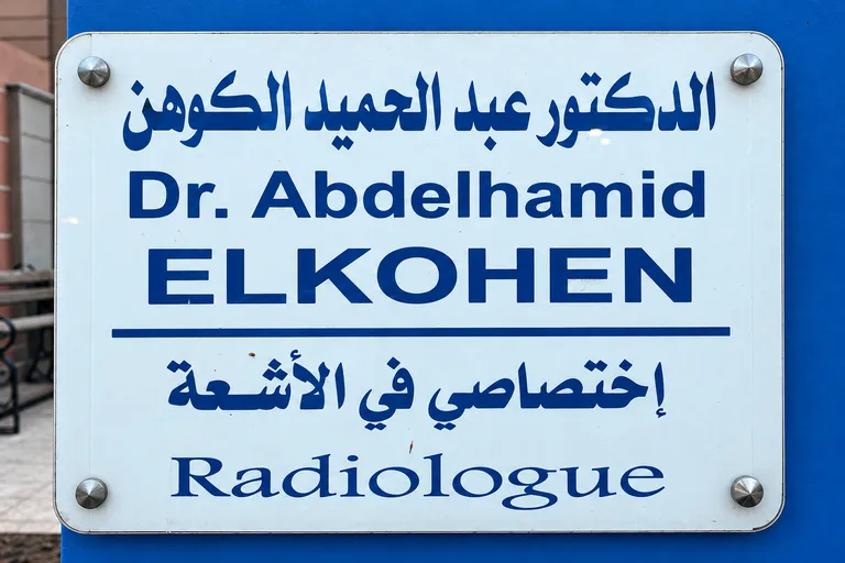Sign for Dr Abdelhamid El Kohen, radiologist, in Arabic and French.